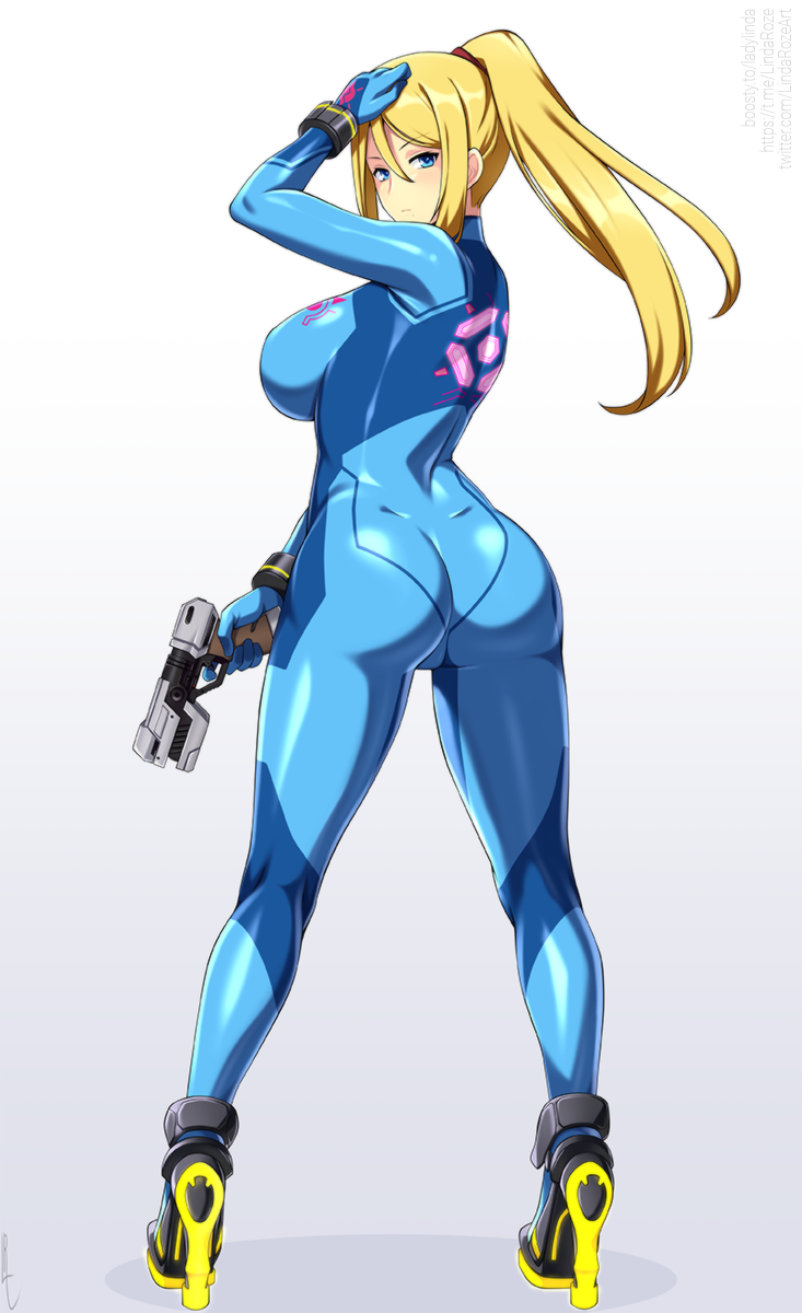 1girl ass blonde_hair blue_bodysuit blue_eyes bodysuit breasts from_behind full_body gun high_heels high_ponytail highres holding holding_gun holding_weapon large_breasts lindaroze long_hair looking_at_viewer looking_back metroid nintendo ponytail samus_aran simple_background skin_tight solo standing weapon white_background zero_suit