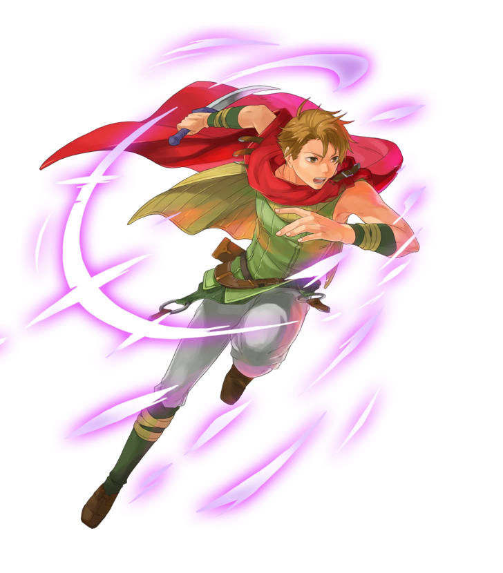 1boy armor brown_eyes brown_hair cape cloak elbow_gloves fire_emblem fire_emblem:_the_blazing_blade fire_emblem_heroes full_body gloves male_focus matthew_(fire_emblem) nintendo official_art open_mouth short_hair transparent_background weapon