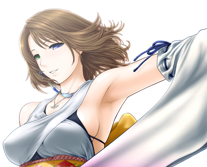 00s 1girl armpits bare_shoulders blue_eyes brown_hair detached_sleeves female_focus final_fantasy final_fantasy_x green_eyes hair_ornament heterochromia japanese_clothes jewelry necklace obi outstretched_arm sash short_hair simple_background solo square_enix st.germain-sal yuna yuna_(ff10)