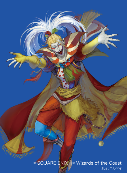 1boy artist_name asymmetrical_clothes blonde_hair blue_background blue_eyes blue_pants cape cefca_palazzo clown facepaint final_fantasy final_fantasy_vi fingerless_gloves foot_out_of_frame gloves magic:_the_gathering makitoyuito male_focus official_art open_mouth outstretched_arms pants pointy_ears ponytail red_pants smile solo square_enix two-sided_cape two-sided_fabric