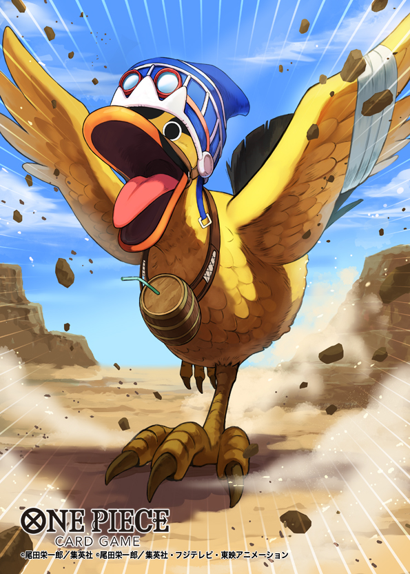 animal bandages bird cloud commentary_request copyright_name drinking_straw duck fangs goggles goggles_on_headwear hat karoo_(one_piece) looking_ahead motion_lines muraicchi_(momocchi) official_art one_piece one_piece_card_game open_mouth pebble running shadow sky smoke solo