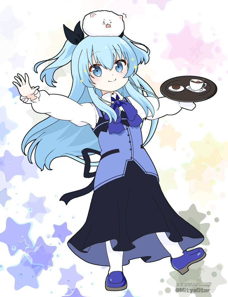 1girl ^^^ angora_rabbit animal animal_on_head black_ribbon black_skirt blue_bow blue_eyes blue_hair blue_shoes blue_vest bow closed_mouth coffee collared_shirt commentary_request cosplay cup employee_uniform english_text food gochuumon_wa_usagi_desu_ka? hair_between_eyes hair_ribbon holding holding_tray kafuu_chino kafuu_chino_(cosplay) long_hair looking_at_viewer mitya noel_(sora_no_method) on_head outstretched_arms pantyhose plate rabbit rabbit_house_uniform ribbon saucer shirt shoes simple_background skirt smile solo_focus sora_no_method sparkle spread_arms standing standing_on_one_leg star_(symbol) surprised tippy_(gochiusa) tray twitter_username two_side_up very_long_hair vest waitress watermark white_background white_pantyhose white_shirt
