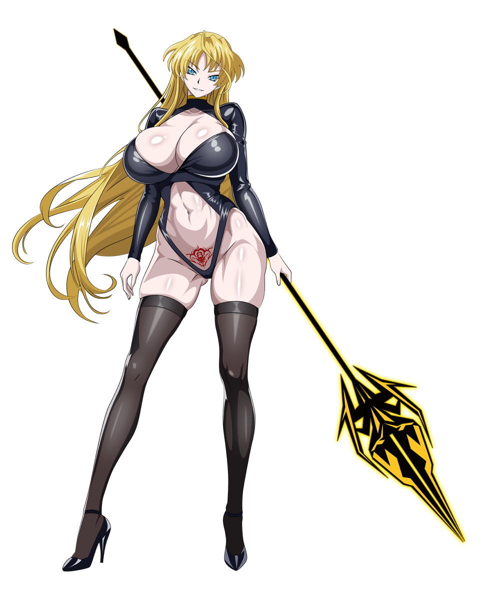 1girl aged_up black_thighhighs blonde_hair blue_eyes breasts energy_spear high_heels high_school_dxd highres holding holding_polearm holding_weapon large_breasts long_hair mittelt polearm pubic_tattoo slit_pupils smile stomach_tattoo tattoo thighhighs very_long_hair weapon yxyyxy