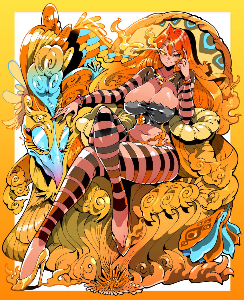 1girl bird border breasts finger_to_head gradient_hair hair_between_eyes hand_up high_heels kafun large_breasts long_hair looking_at_viewer multicolored_border multicolored_hair navel orange_border orange_eyes orange_hair orange_shoes original outside_border red_nails revealing_clothes shoes smile tagme yellow_border
