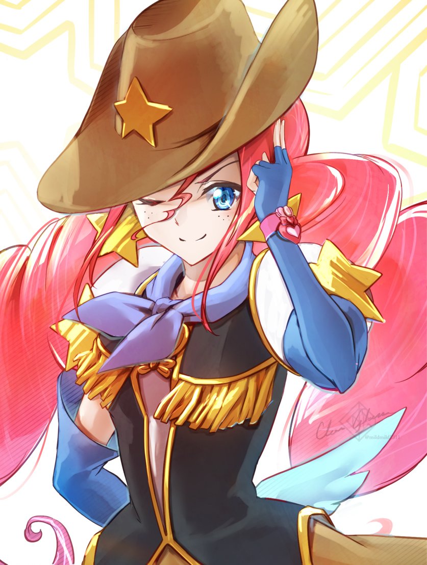 1girl blue_eyes brooch clear_glass_(mildmild1311) cowboy_hat cowboy_western earrings freckles gloves happinesscharge_precure! hat heart heart_brooch jewelry long_hair looking_at_viewer magical_girl one_eye_closed precure red_hair red_haired_cure_(bomber_girls_precure)_(happinesscharge_precure!) smile solo star_(symbol) star_symbol_background twintails upper_body vest white_background