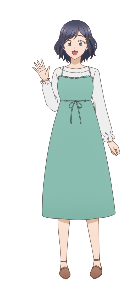 1girl :d anime_coloring arm_at_side black_hair brown_shoes dress frilled_sleeves frills green_dress green_eyes green_ribbon hair_ornament hairpin kono_kaisha_ni_suki_na_hito_ga_imasu long_sleeves looking_at_viewer medium_dress no_socks official_art open_hand open_mouth pinafore_dress ribbon shirt shoes short_hair sleeveless sleeveless_dress smile solo spread_fingers standing tachi-e transparent_background utou_chiharu waist_ribbon waving white_shirt