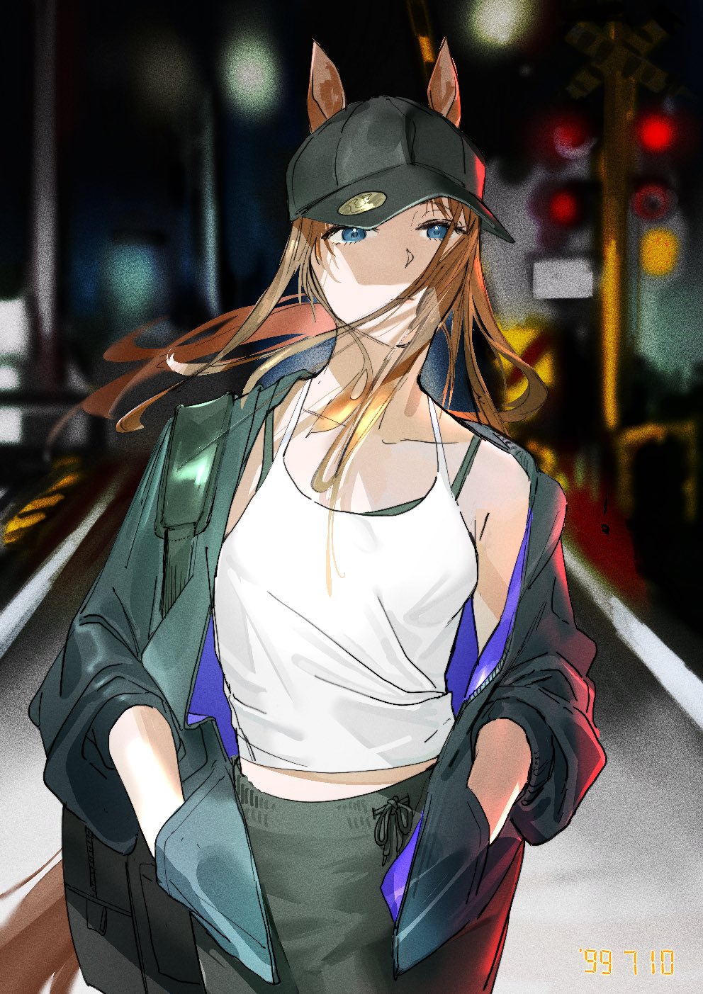 1girl alternate_costume animal_ears backpack bag baseball_cap black_jacket black_pants blue_eyes blurry blurry_background breasts brown_hair casual closed_mouth ears_through_headwear floating_hair grass_wonder_(umamusume) hands_in_pockets hat highres horse_ears horse_girl horse_tail jacket long_hair long_sleeves looking_at_viewer open_clothes open_jacket otimusyairoha outdoors pants railroad_crossing segment_display shirt small_breasts solo tail tank_top timestamp umamusume upper_body white_shirt
