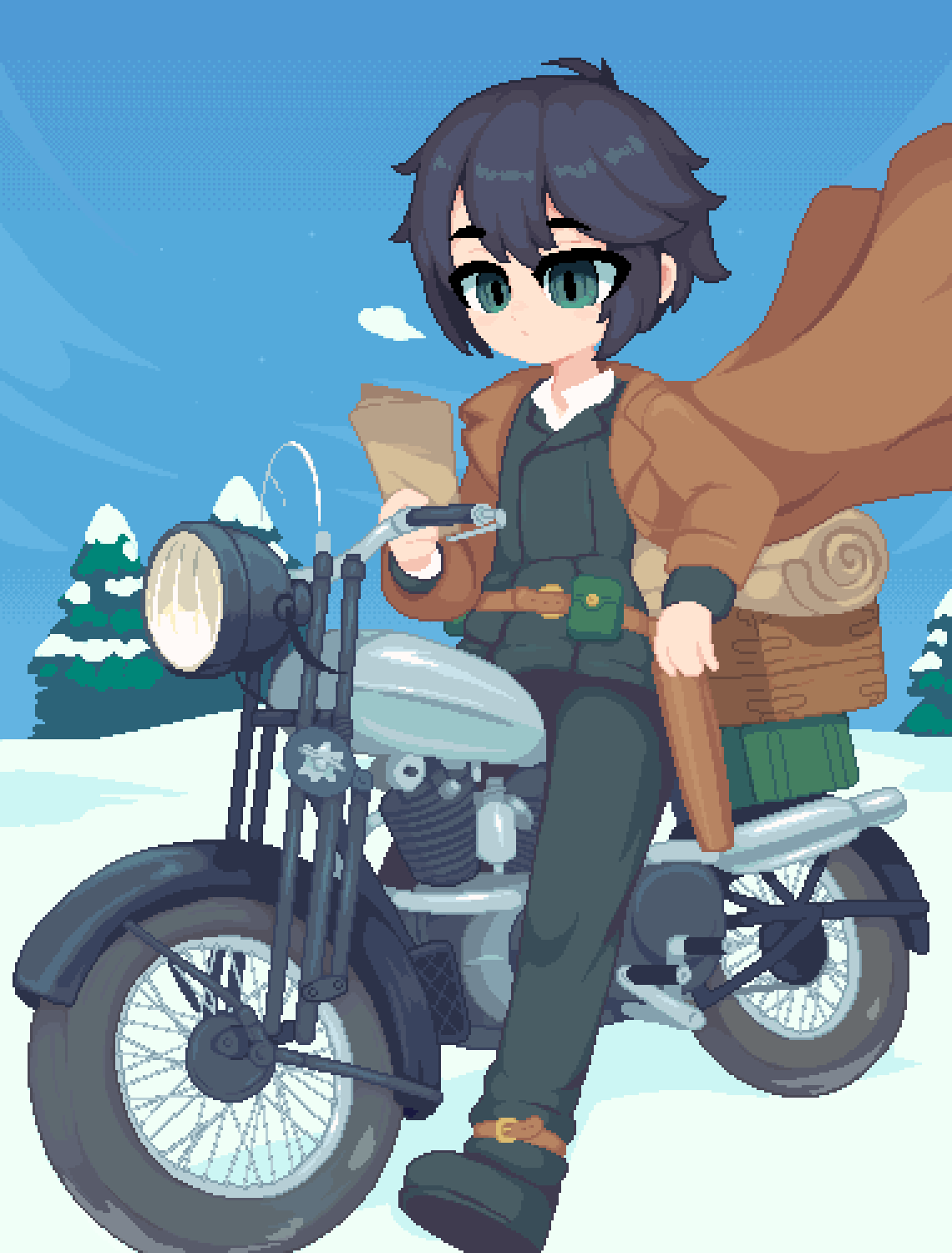 1girl ahoge androgynous belt black_hair boots full_body green_eyes hermes_(kino_no_tabi) highres holding jacket kino_(kino_no_tabi) kino_no_tabi long_sleeves minimilieu motor_vehicle motorcycle open_clothes open_jacket pixel_art shirt short_hair snow solo tree