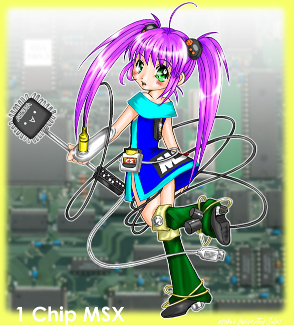 1chip_msx 1chip_msx-tan 1girl ahoge bare_shoulders black_boots blue_dress blurry blurry_background blush boots border cable character_name circuit_board computer computer_chip dress female_focus from_side gloves green_boots green_eyes long_hair looking_at_viewer looking_back magical_girl moe_(phrase) msx os-tan personification photo_background pink_hair second-party_source short_dress smile solo standing standing_on_one_leg translation_request twintails two-tone_dress usb_cable wand wire yellow_border