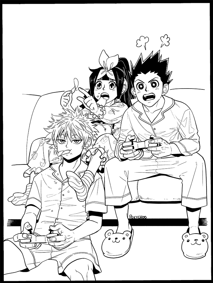 3boys alluka_zoldyck artist_name brothers controller couch friends game_controller gon_freecss holding holding_controller holding_game_controller hunter_x_hunter killua_zoldyck multiple_boys on_couch playing playing_games poxychoo siblings signature sketch sleepover