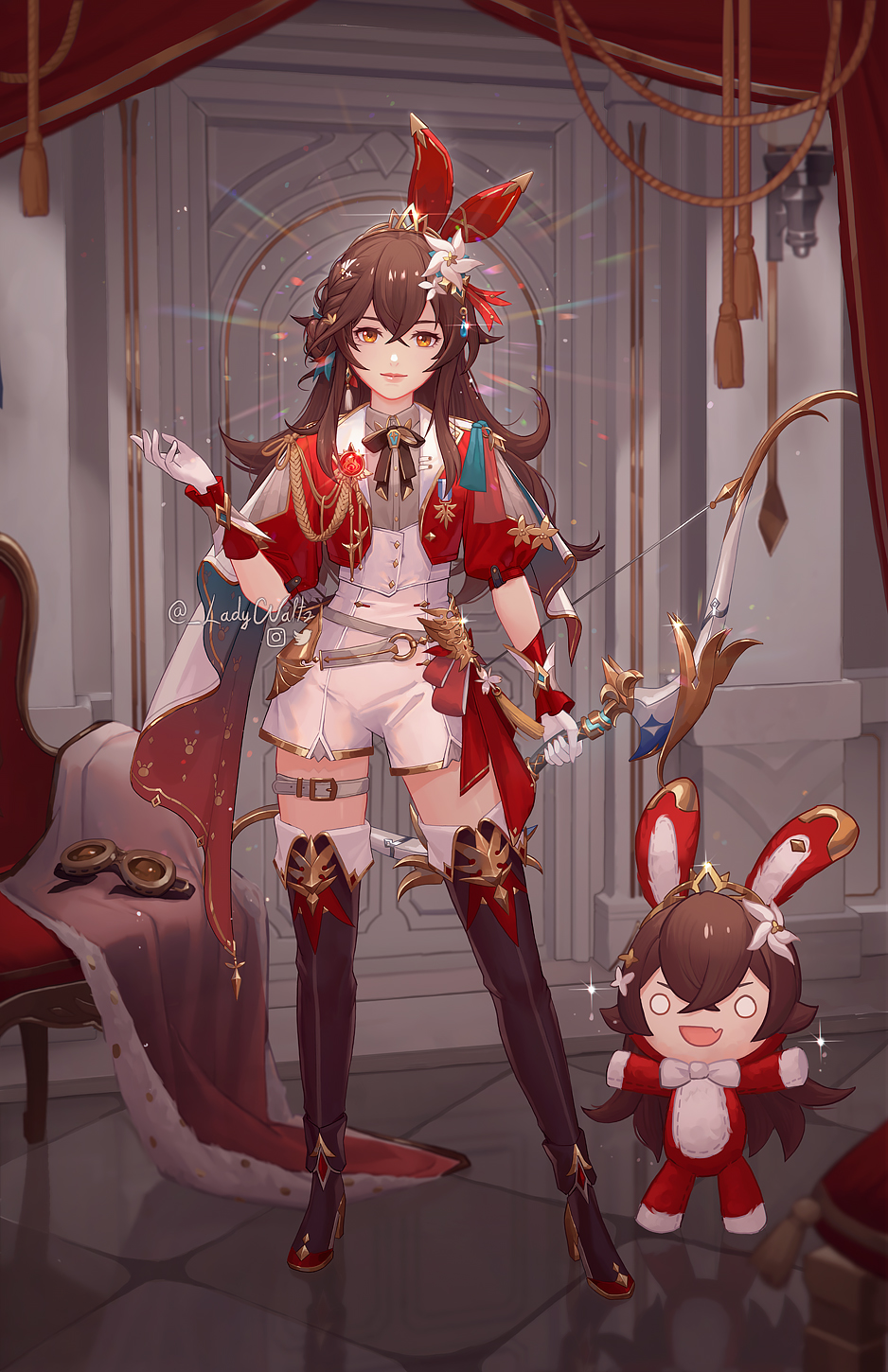1girl amber_(genshin_impact) baron_bunny_(genshin_impact) black_boots black_thighhighs boots bow bow_(weapon) bowtie braid brown_bow brown_bowtie brown_eyes brown_hair closed_mouth commentary earrings english_commentary flower full_body genshin_impact gloves goggles hair_between_eyes hair_flower hair_ornament hair_ribbon high-waist_shorts high_heel_boots high_heels highres holding holding_bow_(weapon) holding_weapon indoors jacket jewelry ladywaltz long_hair looking_at_viewer puffy_short_sleeves puffy_sleeves red_jacket ribbon rope short_sleeves shorts single_earring solo standing tassel tassel_earrings thigh_boots thigh_strap thighhighs tiara twitter_username unworn_goggles vision_(genshin_impact) weapon white_gloves white_shorts