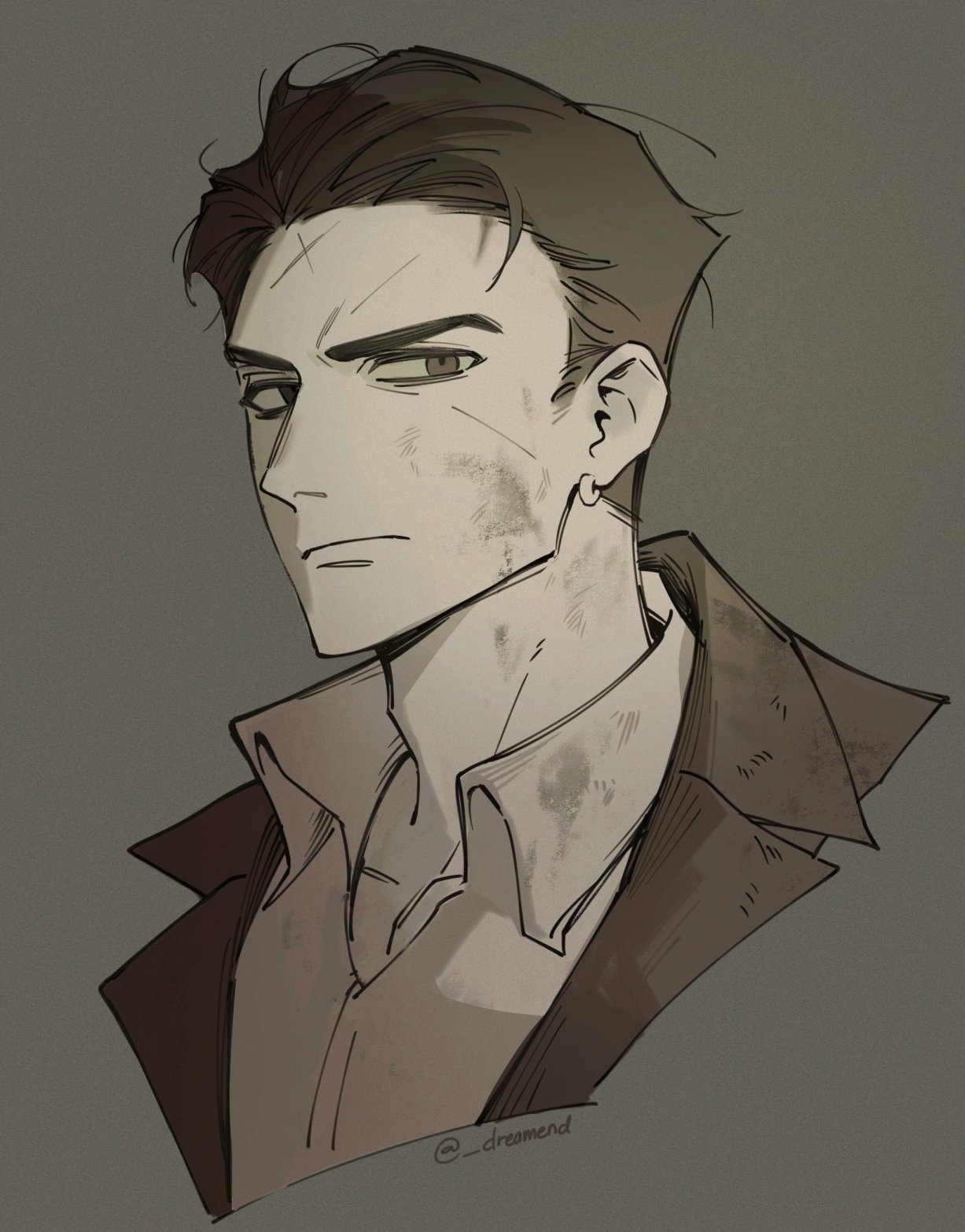 1boy black_coat black_eyes black_hair coat collarbone collared_shirt dirty dirty_face dreamend earrings grey_shirt greyscale hair_slicked_back highres hoop_earrings jewelry limbus_company looking_at_viewer loose_hair_strand male_focus meursault_(project_moon) monochrome portrait project_moon scar scar_on_face serious shirt solo