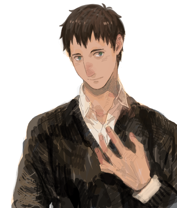 1boy bertolt_hoover black_sweater collared_shirt dark-skinned_male dark_skin green_eyes hand_up light_blush light_smile looking_at_viewer male_focus official_alternate_costume prema-ja shingeki_no_kyojin shirt short_hair solo sweater upper_body white_background