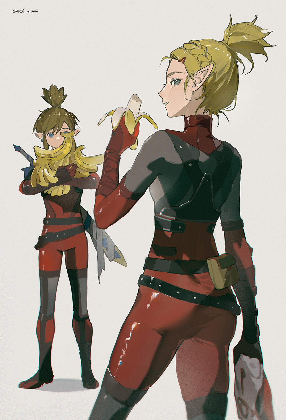 1boy 1girl akihare ass banana blonde_hair bodysuit cosplay disguise eye_print food fruit hair_ornament hair_stick highres holding holding_mask link mask nintendo official_alternate_hair_length official_alternate_hairstyle princess_zelda red_bodysuit skin_tight smile the_legend_of_zelda the_legend_of_zelda:_tears_of_the_kingdom unworn_mask white_mask yiga_clan yiga_clan_footsoldier yiga_clan_footsoldier_(cosplay)