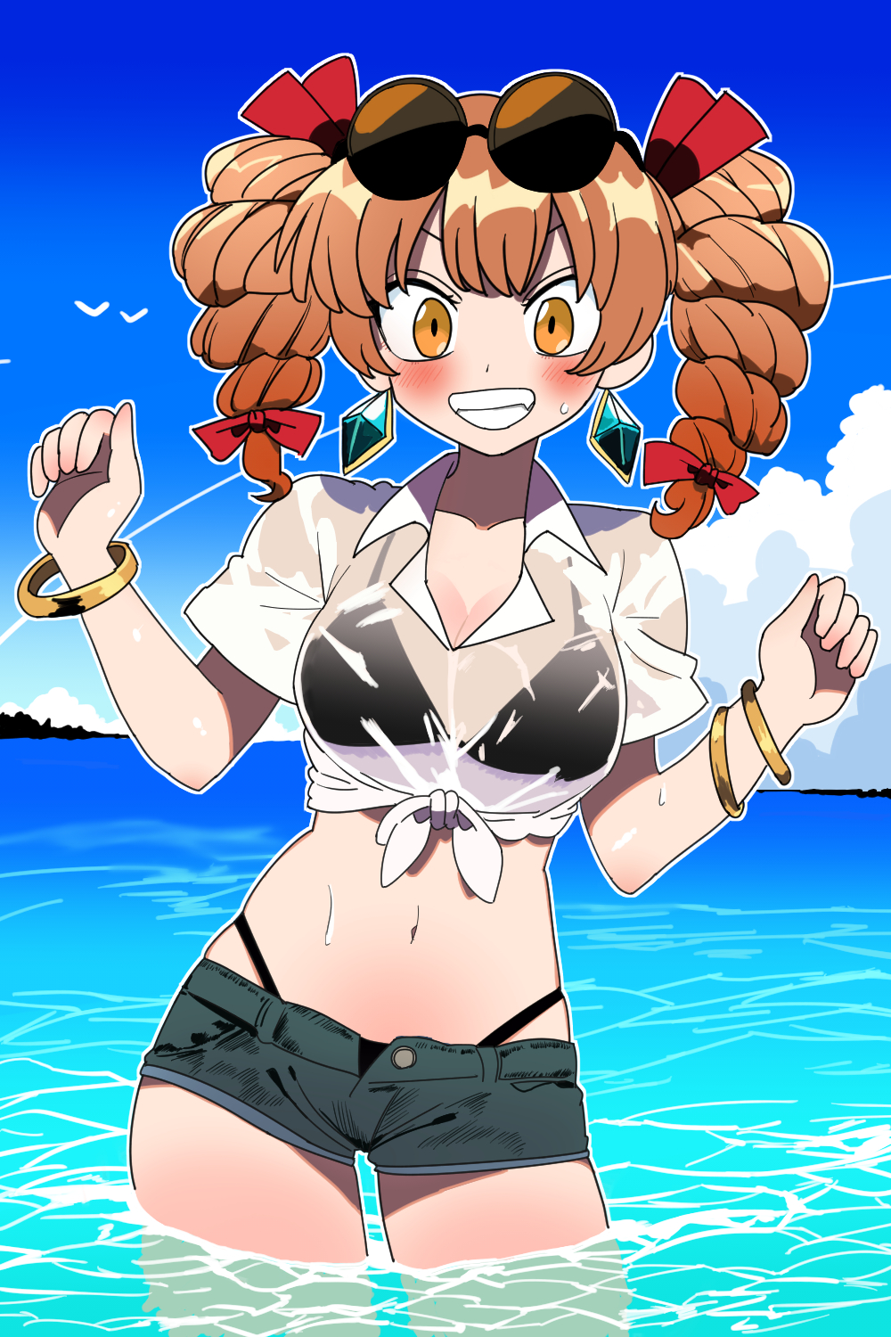 1girl alternate_costume bikini black_bikini blue_sky blush bollzzalguy bracelet cloud contrail drill_hair earrings hashtag-only_commentary highres jewelry multicolored_hair navel orange_eyes orange_hair outdoors outline round_eyewear shirt short_shorts short_sleeves shorts sky smile solo sunglasses swimsuit touhou twin_drills two-tone_hair white_outline white_shirt yorigami_jo&#039;on