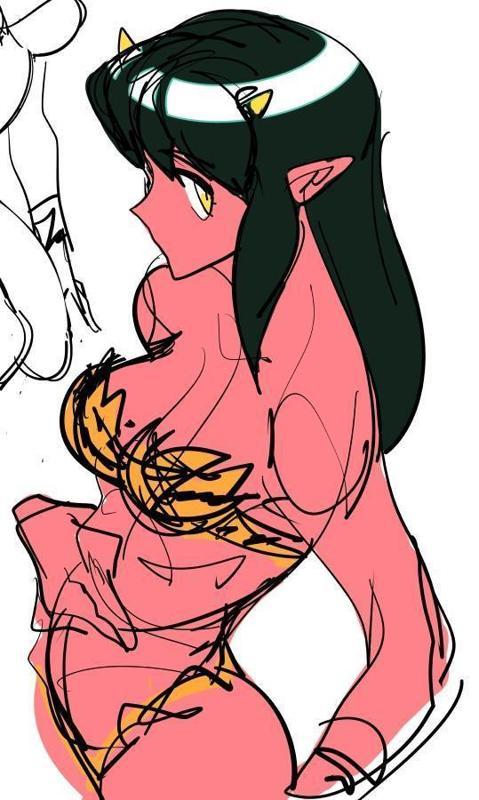 1girl black_hair blush breasts cleavage colored_skin female_focus horns large_breasts long_hair oni_horns pointy_ears red_skin solo watatanza yellow_eyes