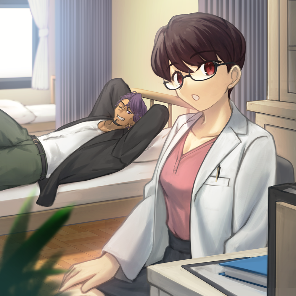 1boy 1girl bed bed_sheet belt belt_buckle black-framed_eyewear black_coat black_hair breasts buckle coat collared_shirt dark-skinned_male dark_skin dress duryodhana_(fate) facial_hair fate/grand_order fate_(series) glasses goatee goatee_stubble hair_between_eyes indoors long_sleeves looking_at_viewer mature_male medical_room on_bed open_clothes open_coat open_mouth original purple_eyes purple_hair red_eyes red_shirt shirt shoori_(migiha) short_hair sitting smile stubble white_coat white_shirt