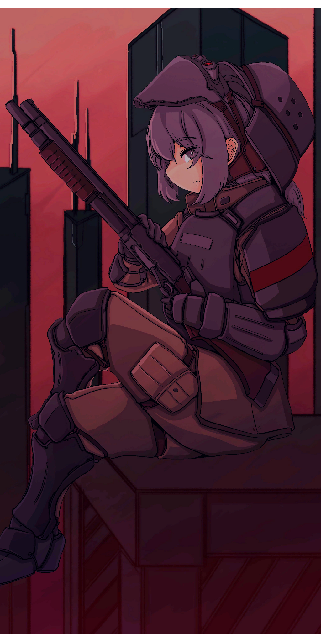 1girl ammunition_pouch beyond_citadel black_boots black_gloves body_armor boots brown_pants city cityscape colette_(the_citadel) crossed_legs doekuramori game_cg gloves grey_eyes grey_hair gun helmet highres medium_hair military_uniform non-web_source official_art pants pouch pump_action shotgun sitting solo the_citadel weapon