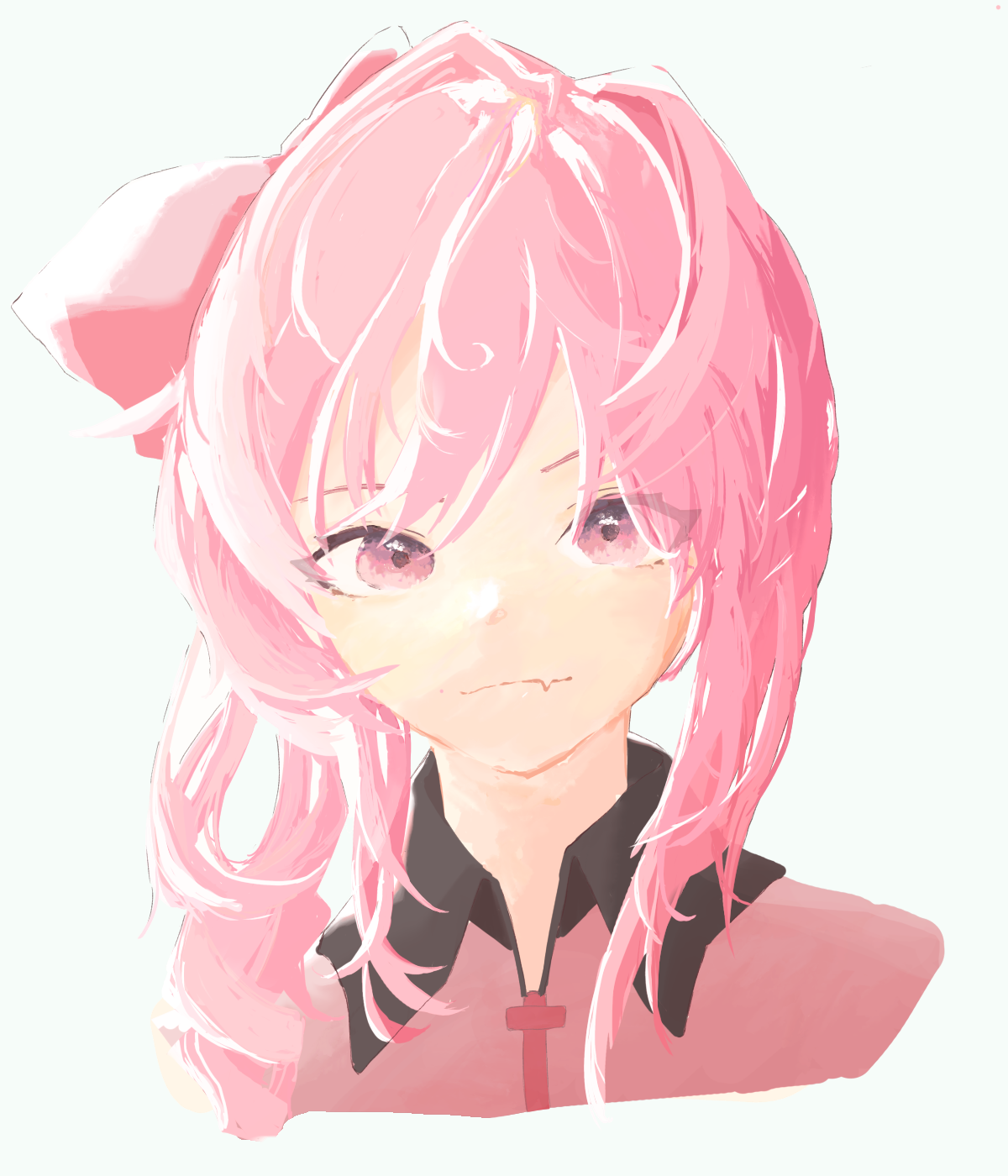 1girl bow closed_mouth collared_shirt commentary_request cookie_(touhou) fang hair_bow highres long_hair looking_at_viewer pink_bow pink_eyes pink_hair pink_shirt portrait sasorihime_(cookie) shirt simple_background skin_fang smile solo upper_body white_background whiterolo