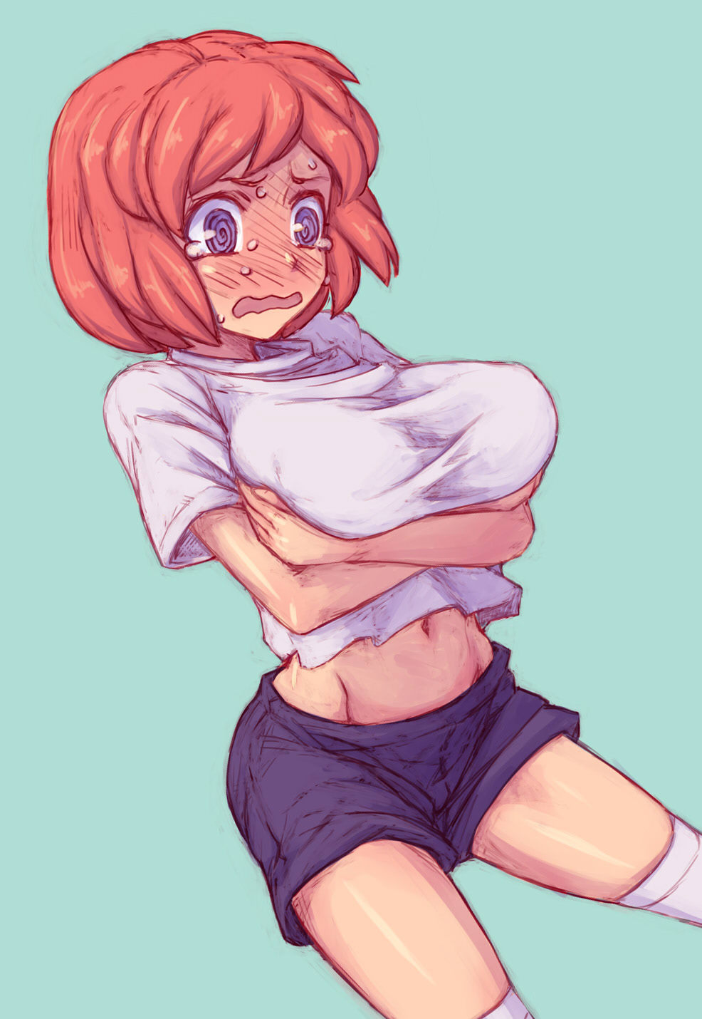 1girl blue_eyes blush breast_expansion breast_lift breasts chiaki_(tom910) female_focus hanamaki_miku highres hokenshitsu_no_shinigami large_breasts midriff orange_hair scared shirt short_hair shorts solo taut_clothes taut_shirt tears tom910