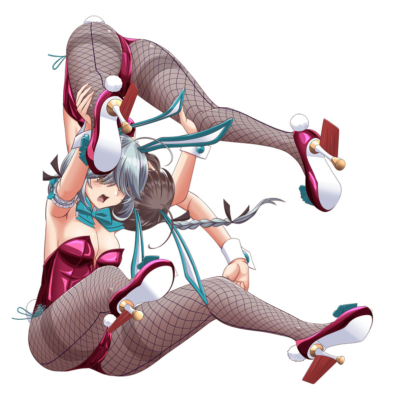 2girls ahoge aqua_bow aqua_bowtie black_pantyhose bow bowtie braid breasts brown_hair grey_hair hair_over_eyes hair_ribbon hamanami_(kancolle) high_heels kantai_collection kinniku_buster kinnikuman kishinami_(kancolle) leotard long_hair medium_breasts moke_ro multiple_girls pantyhose pink_leotard playboy_bunny ribbon short_hair single_braid upside-down wavy_hair white_background wrestling