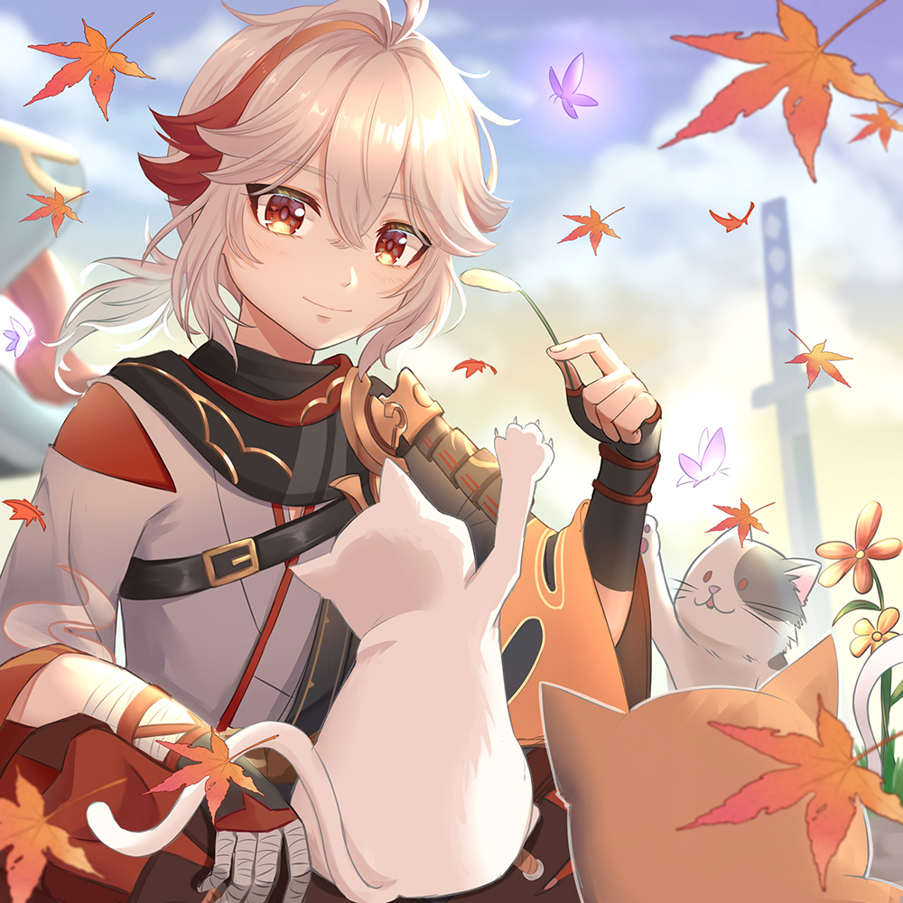 1boy 3others bandaged_hand bandages black_fur brown_fur bug butterfly cat closed_mouth genshin_impact hair_between_eyes insect japanese_clothes kaedehara_kazuha kuro_tsubasa leaf looking_at_viewer male_focus maple_leaf multicolored_fur multicolored_hair multiple_others ponytail red_eyes red_hair smile solo streaked_hair white_fur white_hair