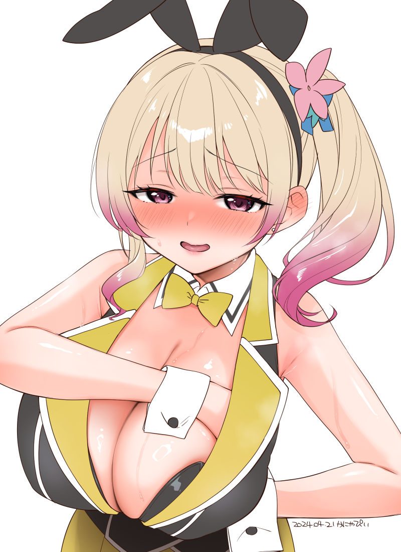 1girl animal_ears bare_shoulders blonde_hair blush bow bowtie breasts bunny_garden cleavage collared_vest fake_animal_ears gradient_hair hostess kanya_pyi large_breasts looking_at_viewer medium_hair multicolored_hair open_mouth pink_eyes pink_hair rabbit_ears rin_(bunny_garden) side_ponytail smile solo sweat two-tone_hair upper_body vest wrist_cuffs