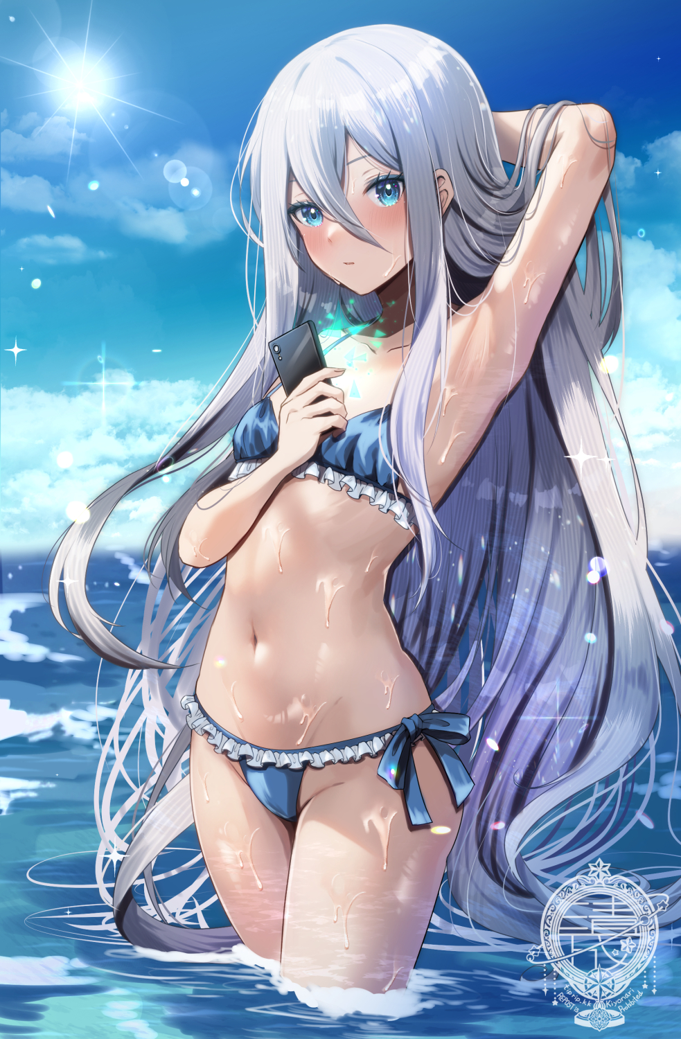 1girl alternate_costume arm_up armpits artist_logo bikini blue_bikini blue_bow blue_eyes blue_sky blurry blurry_background blush bow cellphone cloud collarbone colored_eyelashes commentary_request cowboy_shot day flat_chest frilled_bikini frills hair_between_eyes highres holding holding_phone lens_flare logo long_hair looking_at_viewer looking_to_the_side midriff navel outdoors phone project_sekai side-tie_bikini_bottom sky solo swimsuit tiprip_kk very_long_hair water wet white_hair yoisaki_kanade