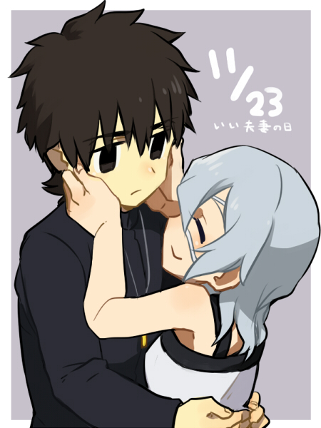 1boy 1girl bad_id bad_pixiv_id black_eyes black_hair claudia_hortensia couple dated eyepatch fate/zero fate_(series) hetero husband_and_wife kotomine_kirei kotomine_kirei_(fate/zero) ruchi short_hair white_hair