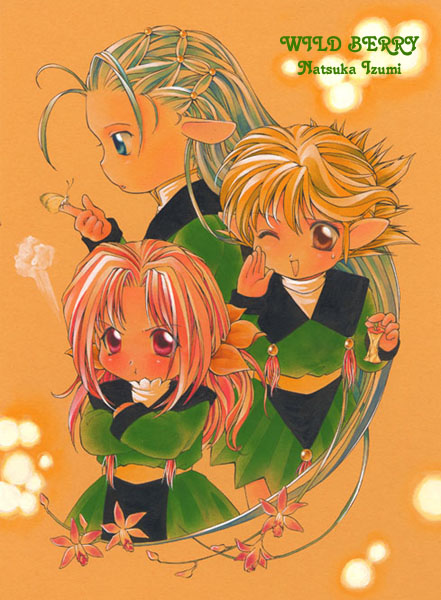 1990s_(style) 3girls absurdly_long_hair ahoge angry apple apple_core artist_name bad_id beads blonde_hair blue_eyes blush brown_eyes bug butterfly butterfly_on_hand chibi commentary cropped_legs cropped_torso crossed_arms facing_to_the_side flower food fruit green_skirt hair_beads hair_flower hair_ornament hand_on_own_cheek hand_on_own_face hand_up hands_up high_collar holding holding_food holding_fruit insect izumi_natsuka long_hair multiple_girls nervous_smile one_eye_closed open_mouth orange_theme original parted_bangs pink_flower pink_hair pointing pointing_to_the_side pointy_ears red_eyes retro_artstyle short_hair skirt smile sweatdrop tassel traditional_media uniform upper_body very_long_hair yellow_butterfly