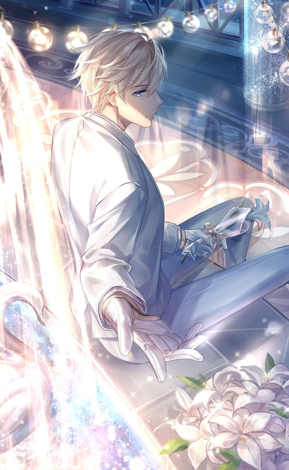 1boy artist_request blazer blonde_hair blue_eyes bouquet bracelet closed_mouth dress_pants expressionless flower foot_out_of_frame formal_clothes fountain from_behind game_cg gloves glowing hair_between_eyes half_gloves highres holding holding_bouquet jacket jewelry layered_sleeves light_particles lily_(flower) loen_(shining_nikki) long_sleeves looking_at_viewer male_focus military_uniform night nikki_(series) offering_hand official_art outdoors outstretched_hand pants pointy_nose railing shining_nikki short_hair sitting solo sparkle string_of_light_bulbs suit third-party_source water white_flower white_gloves white_jacket white_pants white_suit