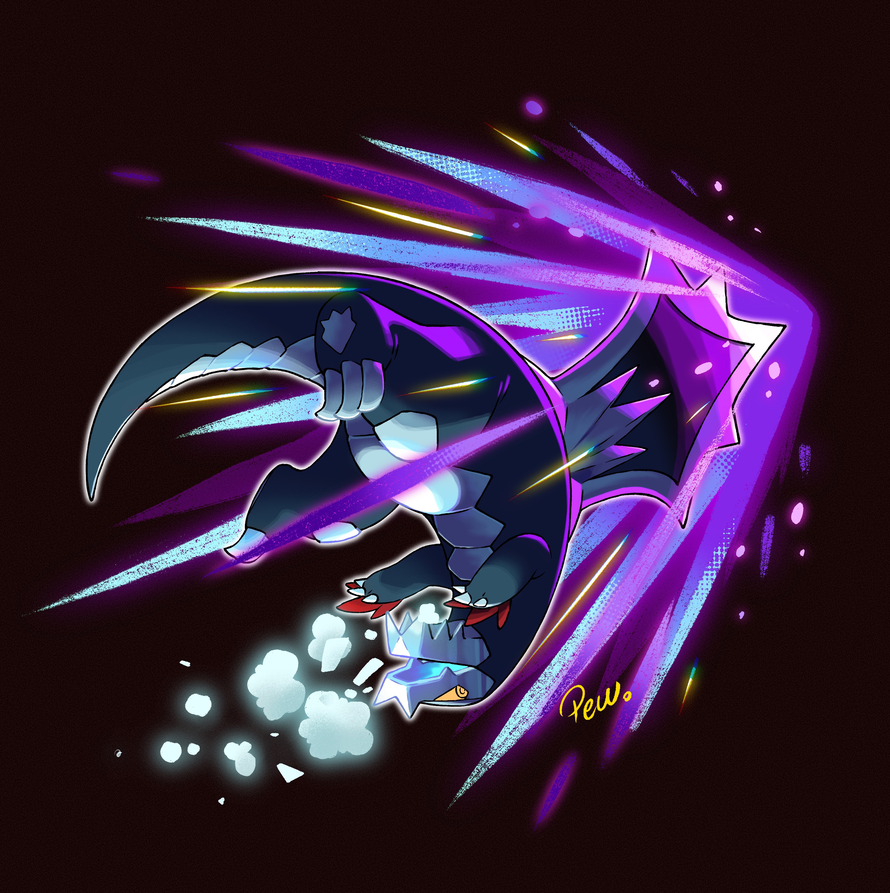 absurdres animal_focus artist_name baxcalibur black_background claws commentary dark_background english_commentary full_body glaive_rush_(pokemon) highres nintendo no_humans outline pewzero pokemon pokemon_(creature) pokemon_focus pokemon_move scales solo tail upside-down white_outline yellow_eyes