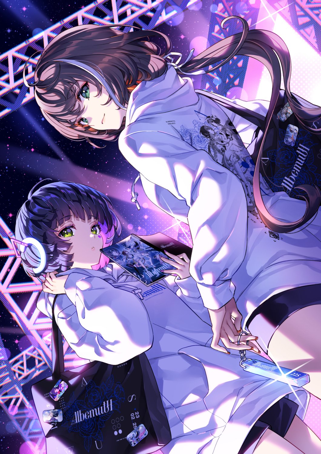 2girls aru_(sinsekai) asu_(sinsekai) bag bob_cut book brown_hair character_print dutch_angle eyeshadow from_below green_eyes handbag headphones highres holding holding_book hood hoodie kamitsubaki_studio light_smile logo_print looking_back low_ponytail makeup multicolored_hair multiple_girls nardack night parted_lips ponytail purple_hair shorts sinsekai_studio spotlight stage sticker streaked_hair white_hair