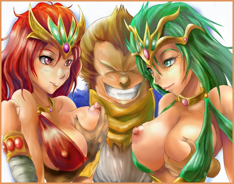 1boy 2girls bad_id bad_pixiv_id breasts breasts_squeezed_together breath_of_fire breath_of_fire_ii covered_erect_nipples girl_sandwich grabbing_another&#039;s_breast green_eyes green_hair grin groping large_breasts multiple_girls naughty_face nipples red_eyes red_hair sana sandwiched smile spoo_(breath_of_fire) sten_legacy tanaka_tsuyushi