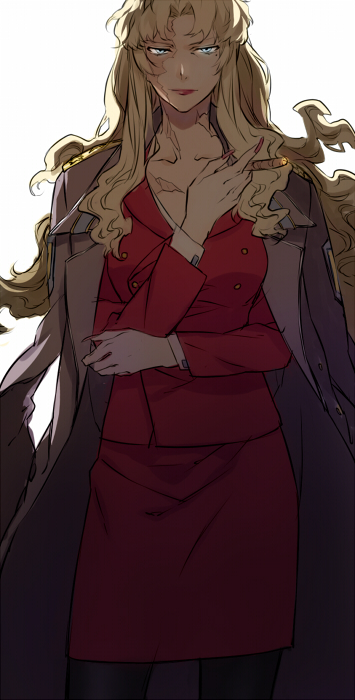 1girl balalaika_(black_lagoon) black_lagoon blue_eyes colored_eyelashes formal_clothes looking_at_viewer mature_female psd_(psdgai) red_suit scar scar_on_face solo suit tobacco