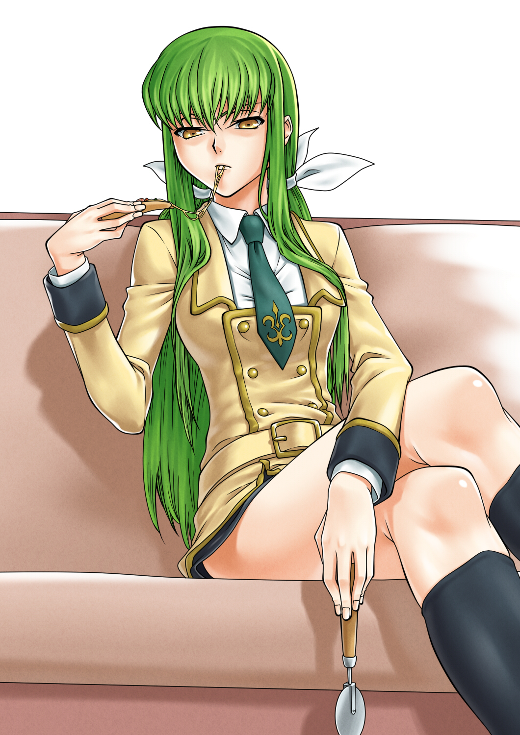 &gt;:( 1girl ashford_academy_school_uniform belt black_socks bleachist buttons c.c. cheese cheese_trail closed_mouth code_geass collared_shirt commentary_request convenient_arm couch crossed_legs double-breasted eating eyebrows_hidden_by_hair feet_out_of_frame food food_in_mouth green_hair hair_between_eyes hair_over_breasts hair_ribbon hand_up highres holding holding_food holding_pizza jacket kneehighs long_hair long_sleeves looking_at_viewer on_couch pizza pizza_slice ribbon school_uniform shirt simple_background sitting socks solo straight_hair v-shaped_eyebrows very_long_hair white_background white_ribbon white_shirt yellow_belt yellow_eyes yellow_jacket