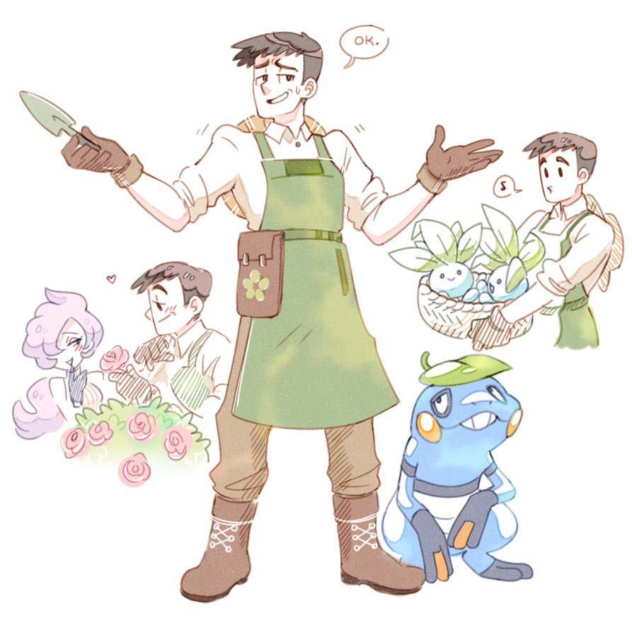 1boy 1girl alternate_costume anabel_(pokemon) apron basket blush boots brown_footwear collared_shirt croagunk flower full_body gen_1_pokemon gen_4_pokemon gloves green_apron hat holding holding_basket holding_flower holding_shovel leaf leaf_on_head looker_(pokemon) multiple_views musical_note nintendo oddish pokemon pokemon_(creature) pokemon_sm purple_hair red_flower rose shirt shovel smile straw_hat sweat vergolophus white_background white_shirt