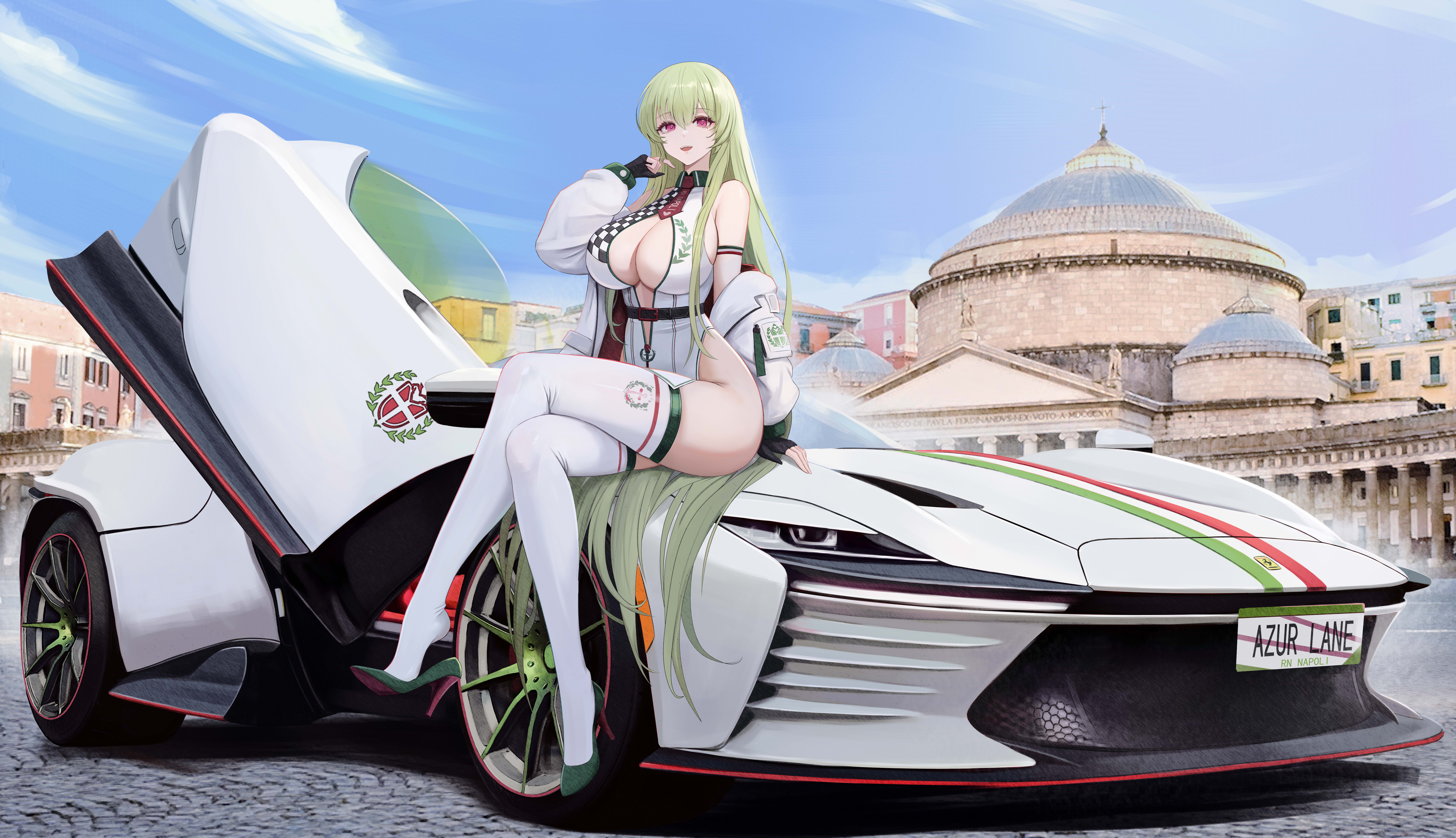 1girl absurdres arm_strap azur_lane bare_shoulders belt black_gloves breasts car center_opening cleavage collared_leotard crossed_legs ferrari ferrari_daytona_sp3 fingerless_gloves gloves green_footwear green_hair hand_up high_heels highleg highleg_leotard highres jacket kcar66t large_breasts leotard location_request long_hair long_sleeves looking_at_viewer motor_vehicle napoli_(azur_lane) necktie off_shoulder on_car open_clothes open_jacket open_mouth outdoors pelvic_curtain puffy_long_sleeves puffy_sleeves race_queen real_world_location red_eyes scissor_doors shoe_dangle short_necktie sitting sitting_on_car sitting_on_hair smile solo sports_car thighhighs thighs unzipped very_long_hair white_jacket white_leotard white_thighhighs wide_shot wing_collar zipper