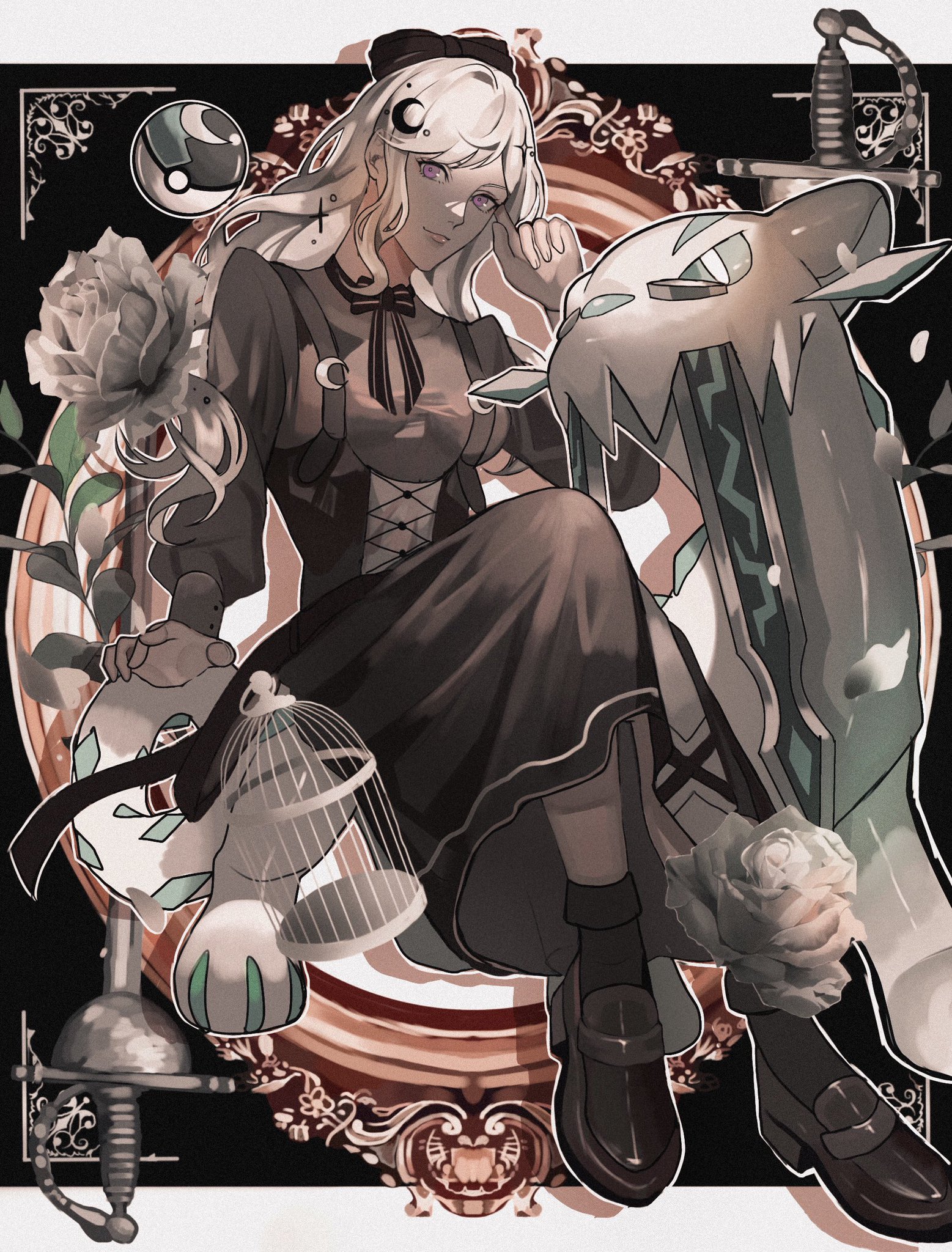 1girl animal_feet birdcage blue_sclera border brown_dress brown_footwear cage chien-pao colored_sclera crescent crescent_hair_ornament dress hair_ornament highres leaf mirror moon_(ornament) moon_ball nintendo original outline pink_eyes poke_ball pokemon pokemon_(creature) reo_(mmocc123) ribbon sitting white_border white_eyes white_outline