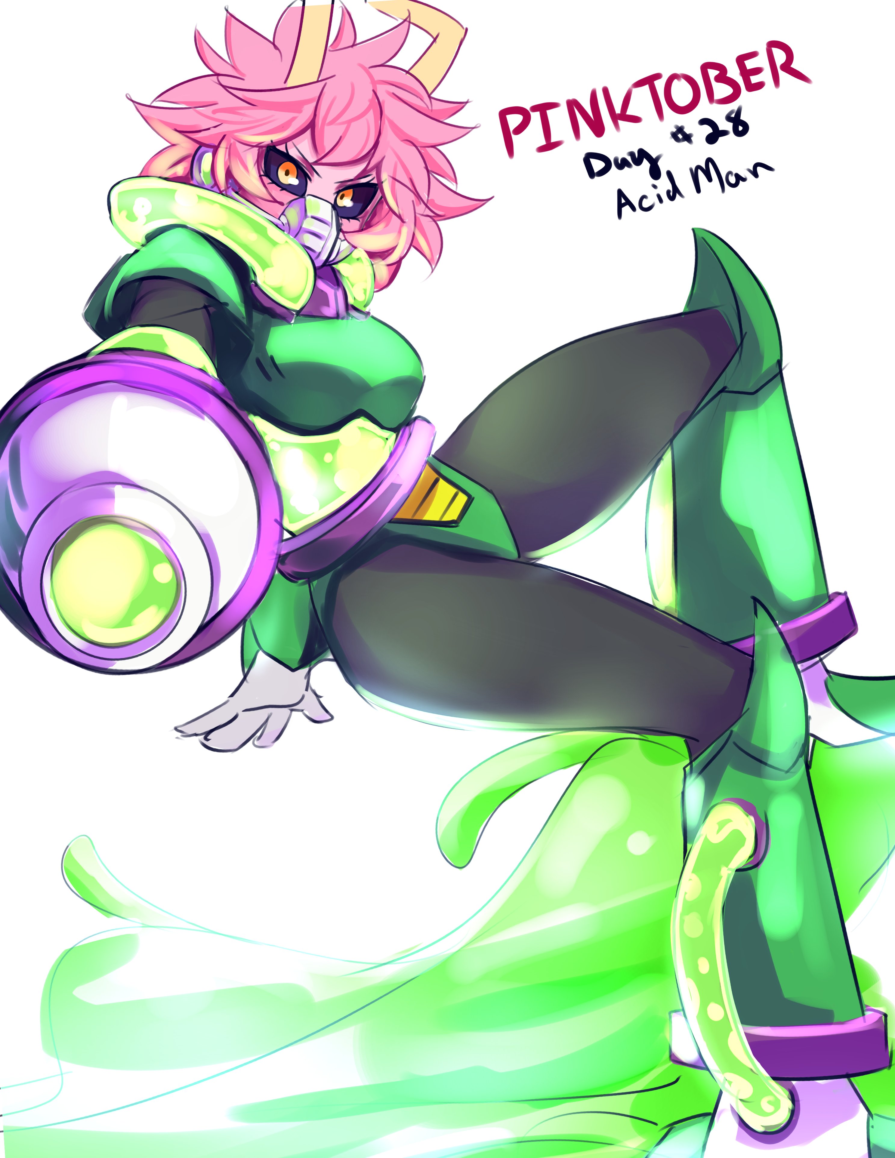 1girl absurdres acid_man acid_man_(cosplay) arm_cannon armor ashido_mina black_bodysuit black_sclera bodysuit boku_no_hero_academia character_name colored_sclera colored_skin cosplay green_armor hhholic highres mega_man_(classic) mega_man_(series) mega_man_11 orange_eyes pink_hair pink_skin short_hair simple_background solo weapon white_background