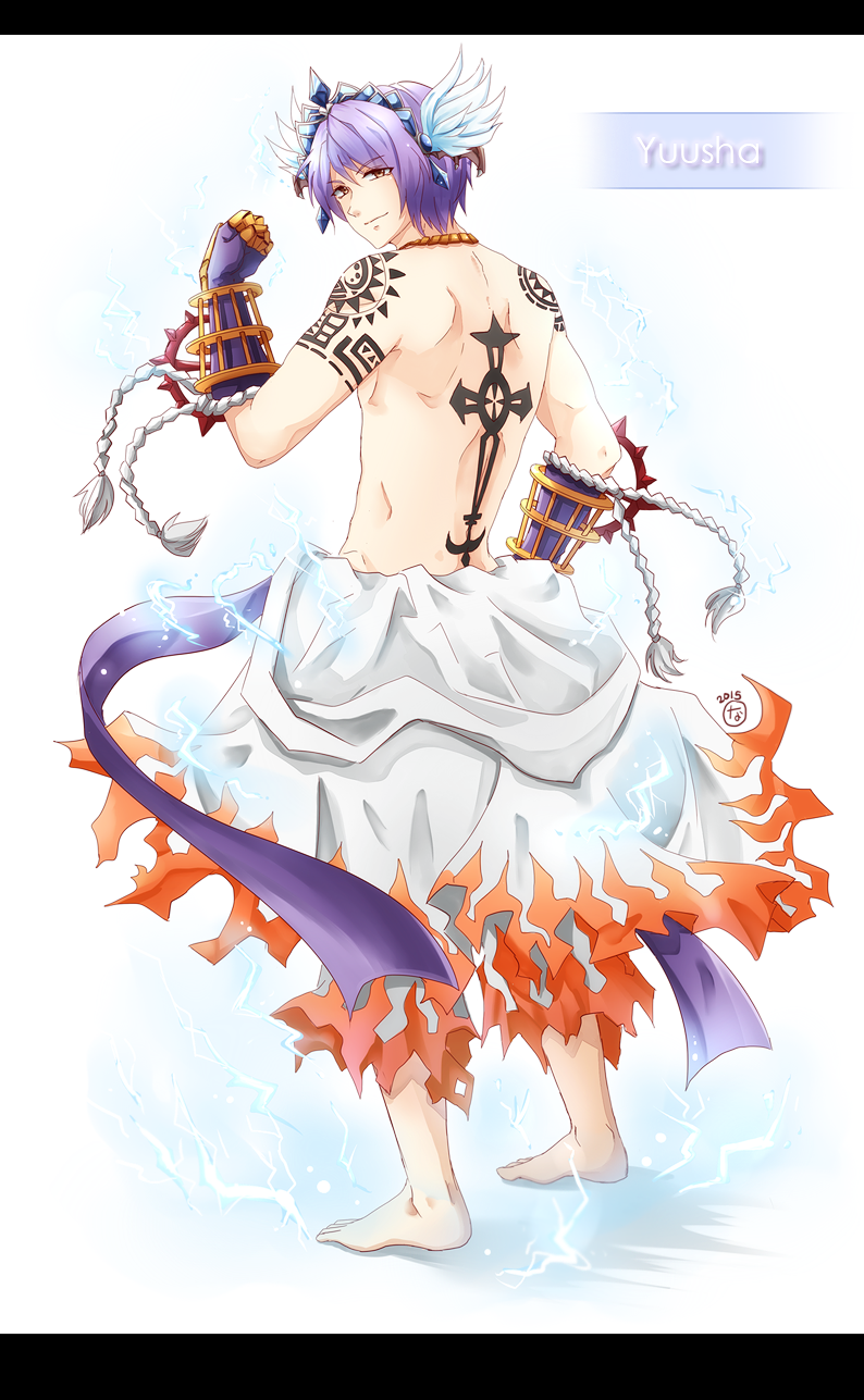 1boy back back_tattoo barefoot clenched_hands closed_mouth clothes_around_waist commentary_request cross_tattoo feathered_wings flame_print full_body gauntlets gloves head_wings highres himitsu_(dark_nao) letterboxed looking_at_viewer looking_back male_focus pants purple_gloves purple_hair ragnarok_online shirt shirt_around_waist short_hair shoulder_tattoo simple_background smile solo standing sura_(ragnarok_online) tattoo topless_male tribal_tattoo white_background white_pants white_shirt white_wings wings yellow_eyes