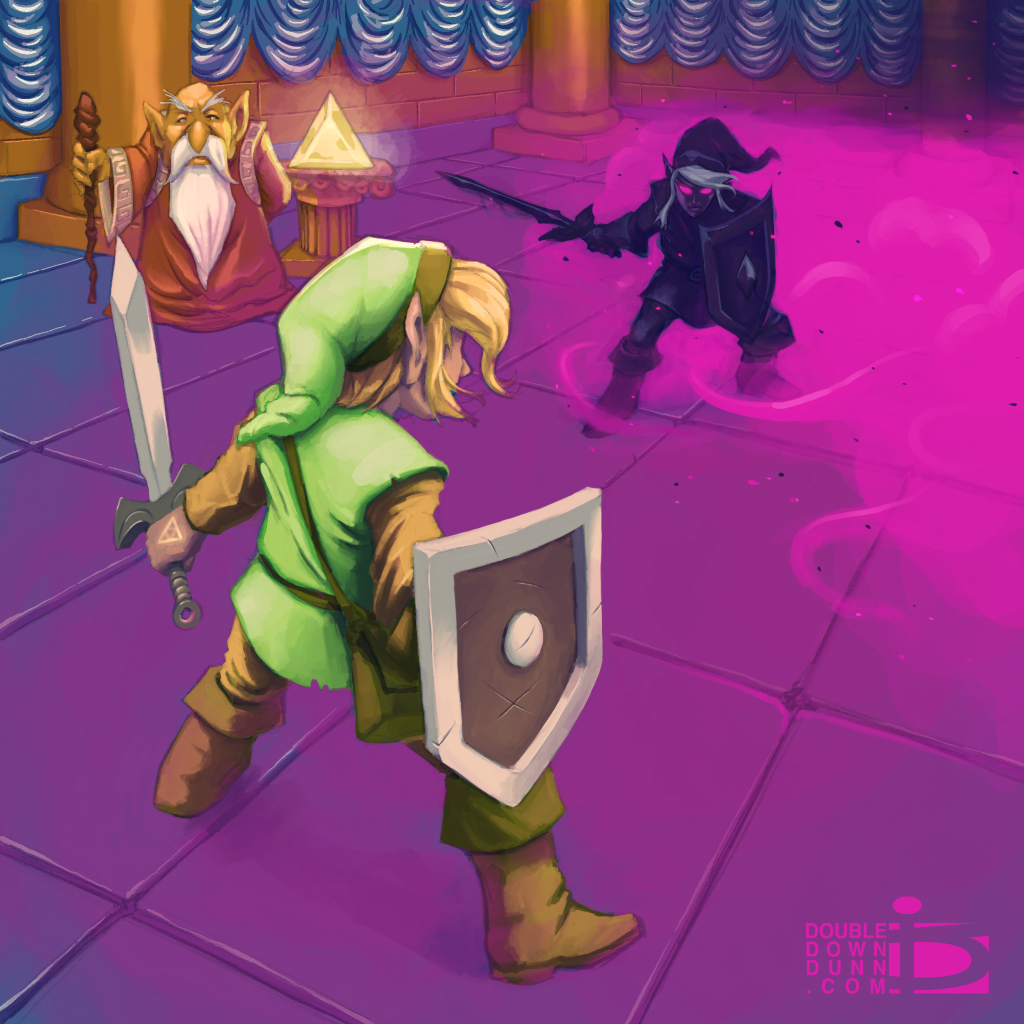 3boys beard boots boss_battle brown_hair clone curtains dark_link dual_persona elf facial_hair hat link multiple_boys nintendo old old_man pointy_ears red_eyes shadow shadow_link shield sidelocks smoke staff standing sword temple the_legend_of_zelda triforce weapon white_hair zelda_ii:_the_adventure_of_link