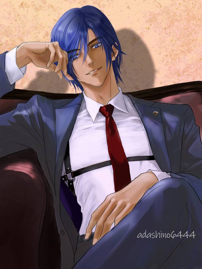 1boy adashino6444 aoto_(trouble_busters) armchair artist_name badge blazer blue_eyes blue_hair button_badge chair chest_belt crossed_legs dark-skinned_male dark_skin hand_to_head jacket looking_at_viewer necktie parted_lips red_necktie short_hair sitting smile sukatto!_trouble_busters