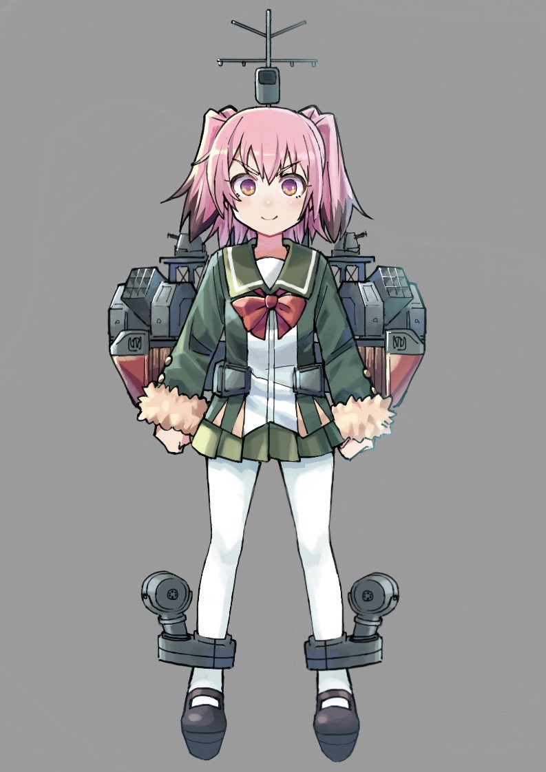 1girl colored_tips commentary_request depth_charge depth_charge_projector fur-trimmed_sleeves fur_trim green_jacket green_skirt grey_background hair_between_eyes jacket kantai_collection kunashiri_(kancolle) long_sleeves machinery mary_janes mast mizoki_kei multicolored_hair neck_ribbon orange_eyes pantyhose pink_hair pleated_skirt red_ribbon ribbon school_uniform serafuku shoes short_hair simple_background skirt solo standing two-tone_hair two_side_up white_pantyhose