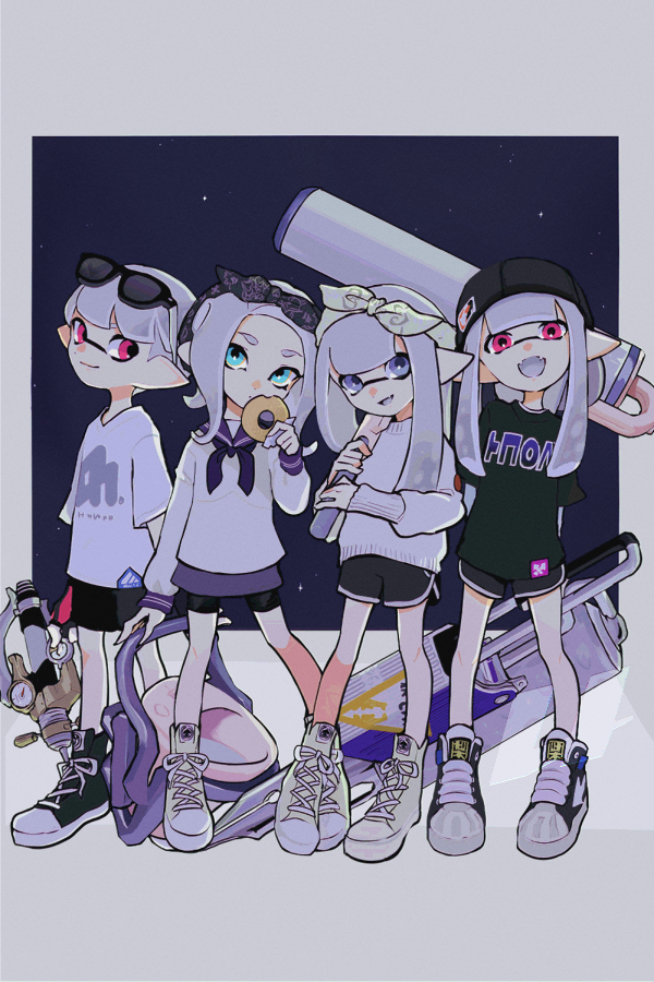 1boy 3girls :d backwards_hat bandana bike_shorts_under_skirt black_bandana black_hat black_shirt black_shorts blue_eyes blue_neckerchief blue_sailor_collar blue_skirt bucket commentary converse donut eyewear_on_head fangs flingza_roller_(splatoon) food grey_hair grey_tongue hat holding holding_donut holding_food imaikuy0 inkling inkling_boy inkling_girl inkling_player_character long_hair long_sleeves multiple_girls neckerchief nintendo octoling octoling_girl octoling_player_character open_mouth pink_eyes pointy_ears sailor_collar shirt shoelaces shoes short_hair short_sleeves shorts skirt slosher_(splatoon) smile splash-o-matic_(splatoon) splat_roller_(splatoon) splatoon_(series) sunglasses sweater symbol-only_commentary tentacle_hair white_bandana white_shirt white_sweater