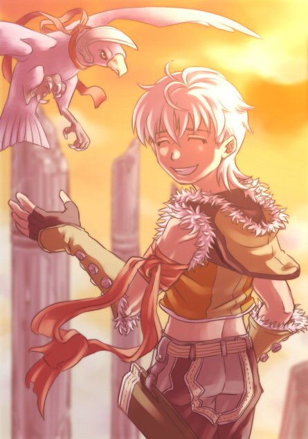 1boy armband bird brown_gloves brown_shirt brown_shorts closed_eyes column commentary_request cowboy_shot crop_top day falcon falconry fingerless_gloves fur-trimmed_gloves fur-trimmed_shirt fur_trim gloves looking_at_viewer male_focus outdoors pillar quiver ragnarok_online shirt short_hair shorts sky smile sniper sniper_(ragnarok_online) solo standing susukinohukurou teeth white_hair yellow_gloves yellow_shirt