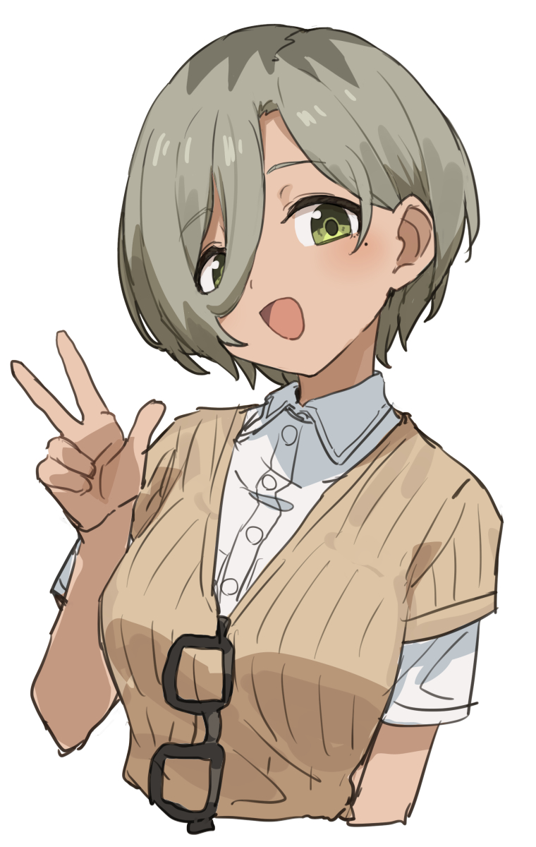 1girl breasts brown_hair brown_sweater_vest collared_shirt cropped_torso gazacy_(dai) girls_band_cry green_eyes hair_between_eyes hand_up highres large_breasts long_hair_between_eyes mole mole_under_eye multicolored_hair open_mouth roots_(hair) rupa_(girls_band_cry) shirt short_hair short_sleeves simple_background solo sweater_vest unworn_eyewear upper_body w white_background white_shirt