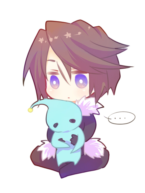 ... 1boy black_gloves black_jacket blue_eyes blue_skin bright_pupils brown_hair chibi chibi_only closed_mouth colored_skin commentary_request creature crossed_legs dot_mouth final_fantasy final_fantasy_viii full_body fur_trim gloves holding holding_creature jacket male_focus pentacle_dark pupu_(ff8) scar scar_on_face short_hair simple_background sitting squall_leonhart white_background white_fur
