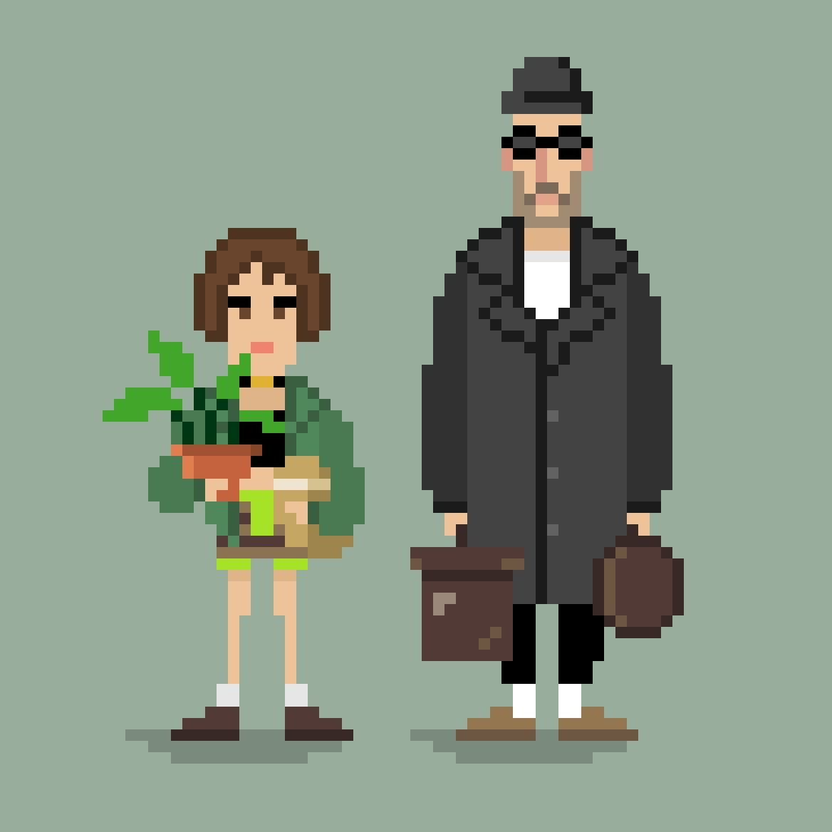 1boy 1girl alex_alleshater bag beanie beard black_choker black_coat black_hat black_pants black_shirt bob_cut brown_bag brown_eyes brown_hair brown_shoes brown_shorts choker coat commentary crop_top cropped_shirt english_commentary facial_hair flower_pot full_body green_background green_jacket green_trim hat holding holding_bag holding_plant jacket knit_hat leon_(leon_the_professional) leon_the_professional mathilda_lando mustache pants pixel_art plant potted_plant retro_artstyle round_eyewear shadow shirt shoes short_hair shorts side-by-side simple_background socks standing striped_clothes striped_shorts stubble sunglasses t-shirt trench_coat white_shirt white_socks