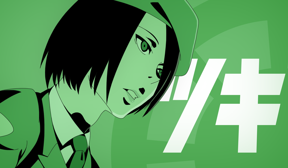 1girl akatsuki_blitzkampf beret black_hair death_parade female_focus green_background green_theme hair_over_one_eye hat kanae_(akatsuki_en-eins) military military_uniform monochrome necktie parody short_hair solo tiwangzha